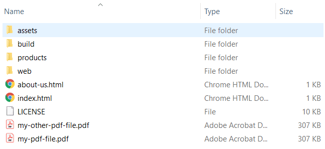 Contents of website directory containing PDF.js